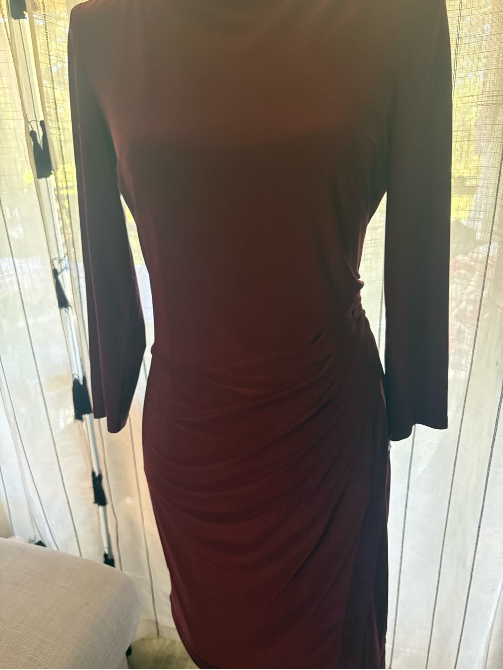 Ralph Lauren Deep Burgundy Long-Sleeve Ruched Midi Dress